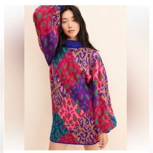FARM Rio Anthropologie Colorful Mix Leopard Pop Sweater Long Sleeve Chunky Dress